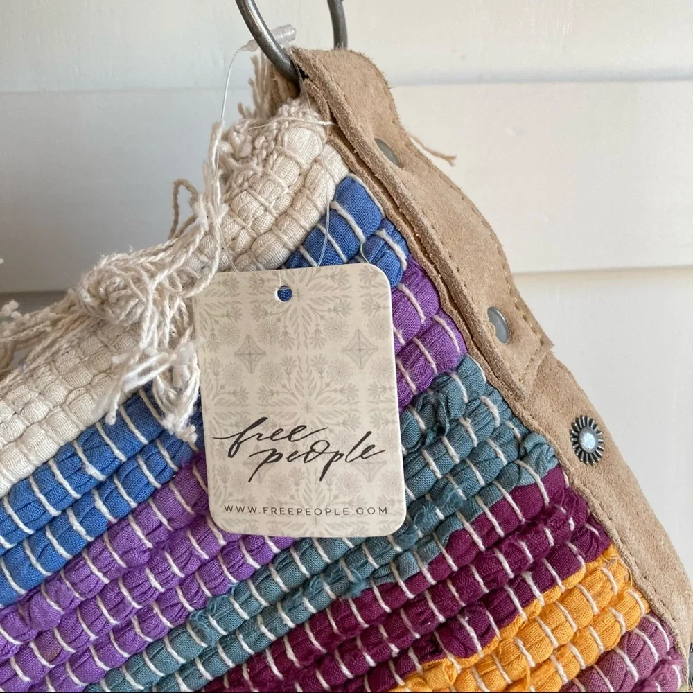 Free People Multicolor Woven Straw Tote with Tan Leather Trim - Picture 2 of 7